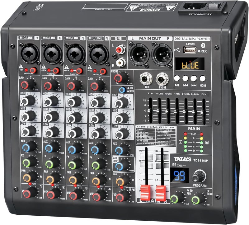 TKLBLS Audio Mixer, 6-Channel Professional DJ Mixer with 99-Bit DSP Effects, 7-Band EQ, 48V Phantom Power, MP3/Computer Input - Studio Audio Mixing Console for Recording & Live Performances - Image 1